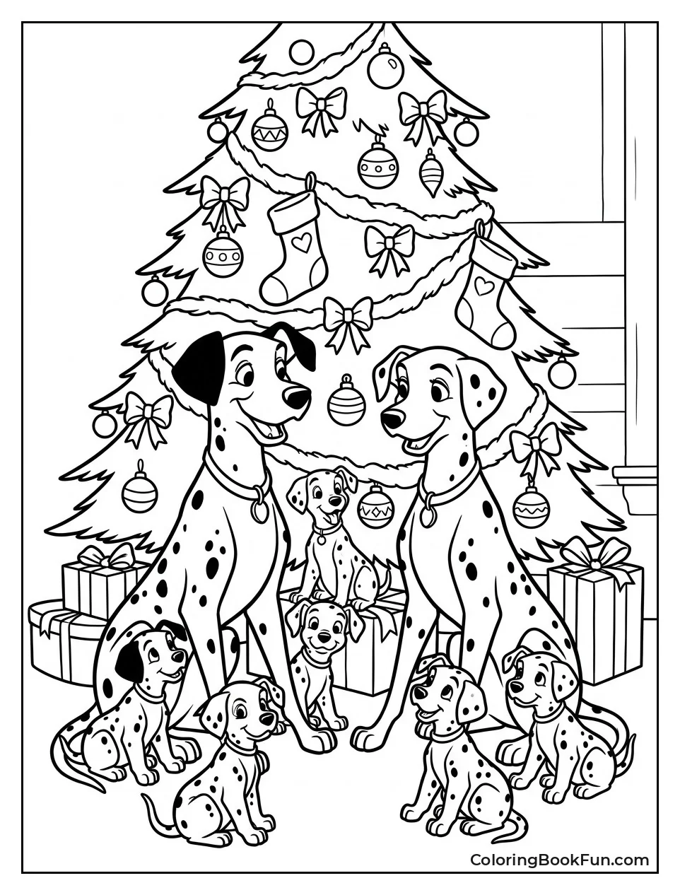 Dalmatians Gather at Christmas Tree