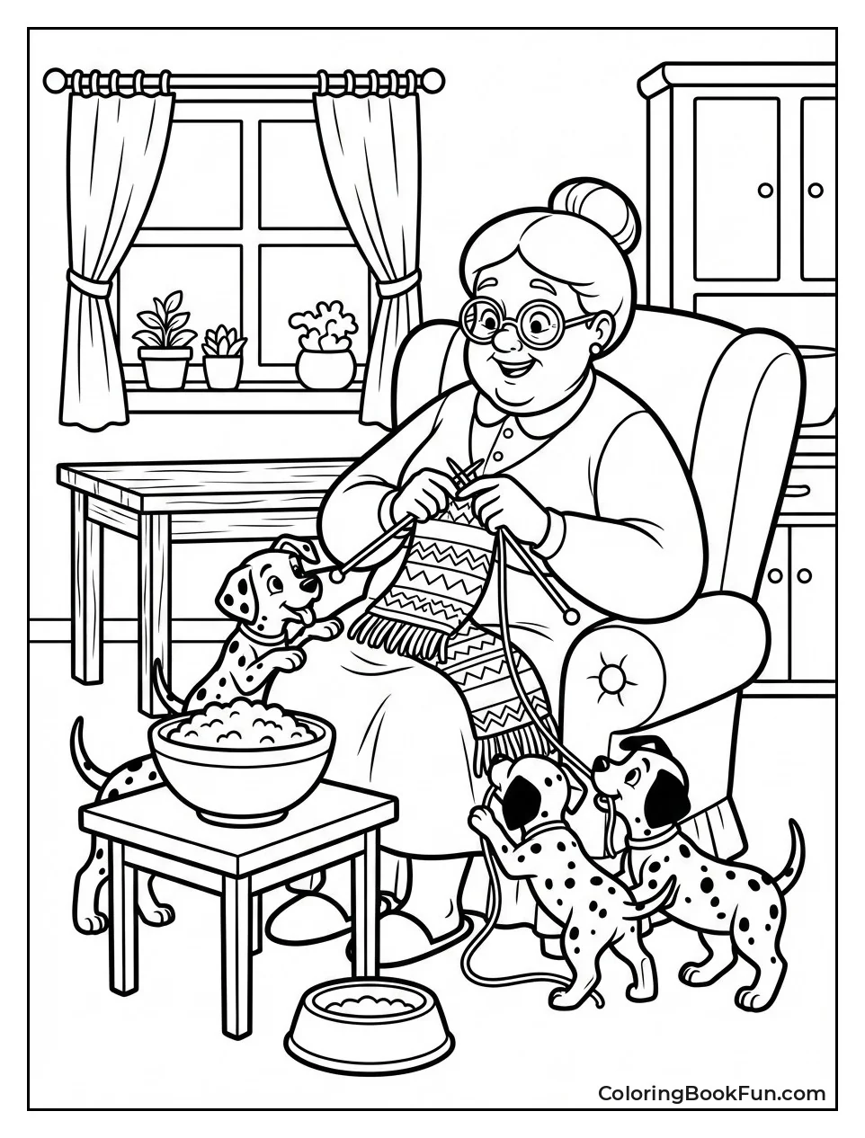 Nanny Knitting with Puppies