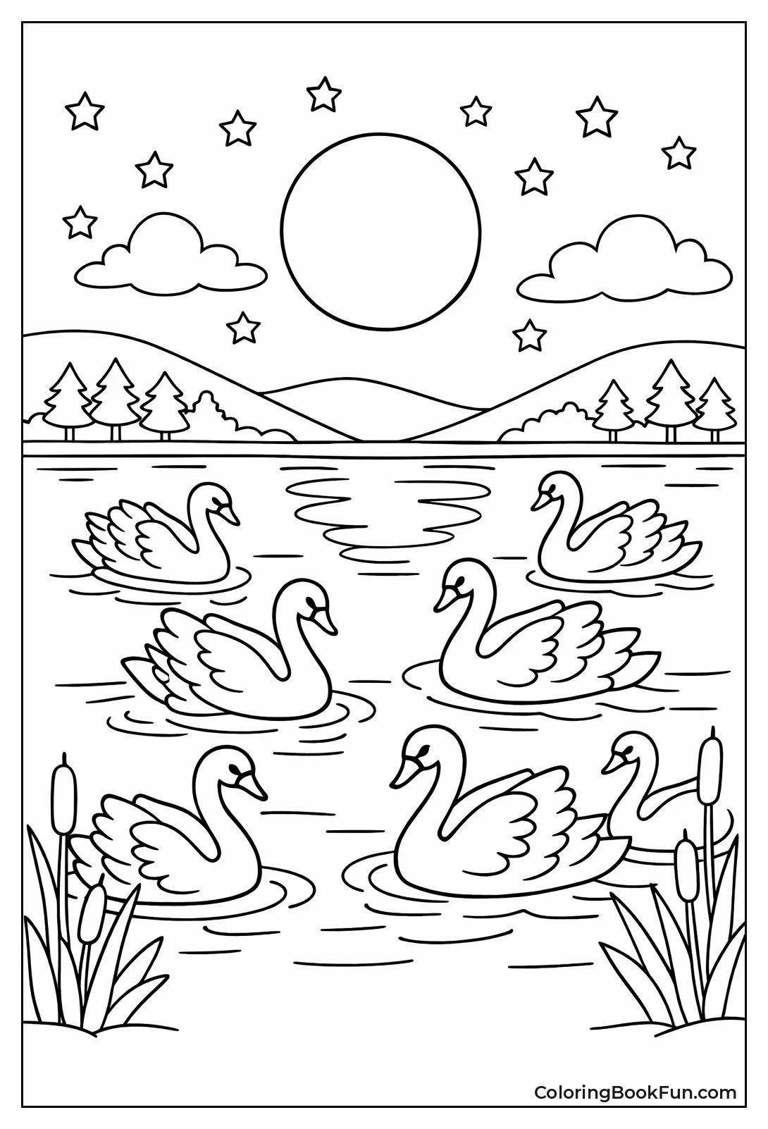 Swans Swimming under Moonlight