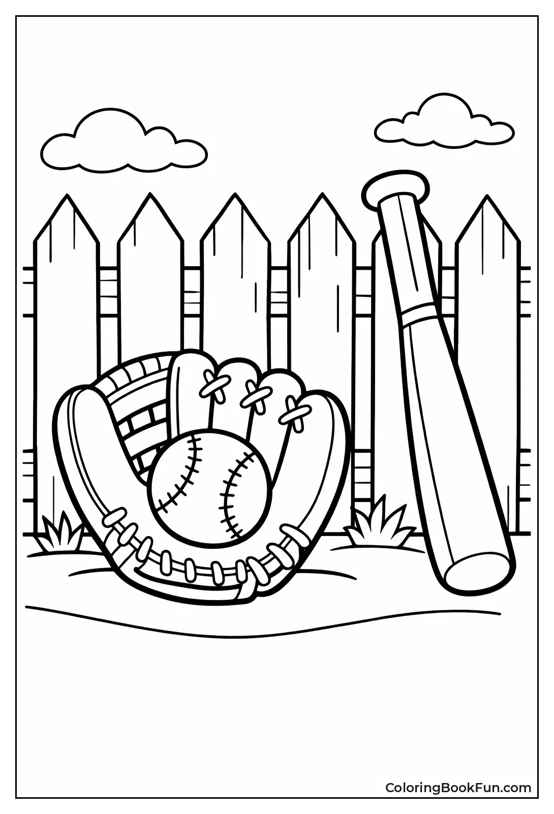Baseball Glove Bat and Fence
