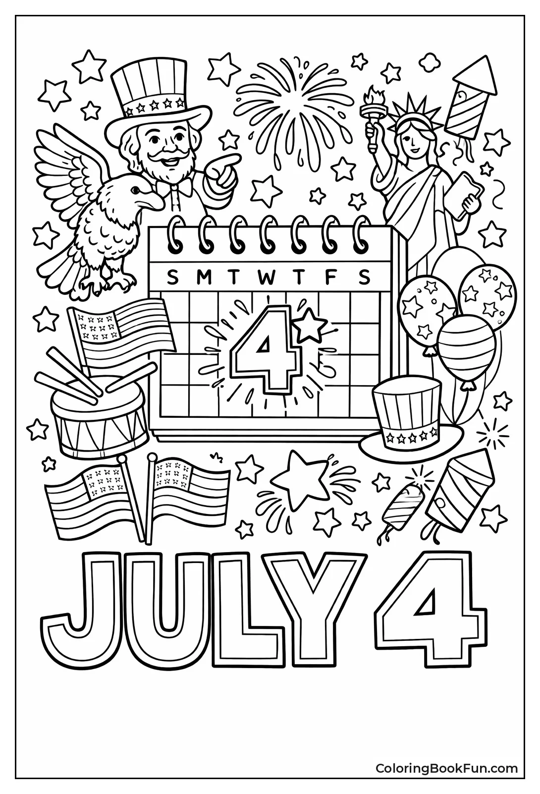 July Calendar with Patriotic Doodles
