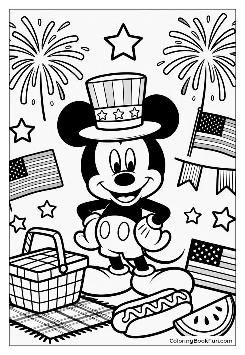 Mickey Parties with Fireworks and Flags