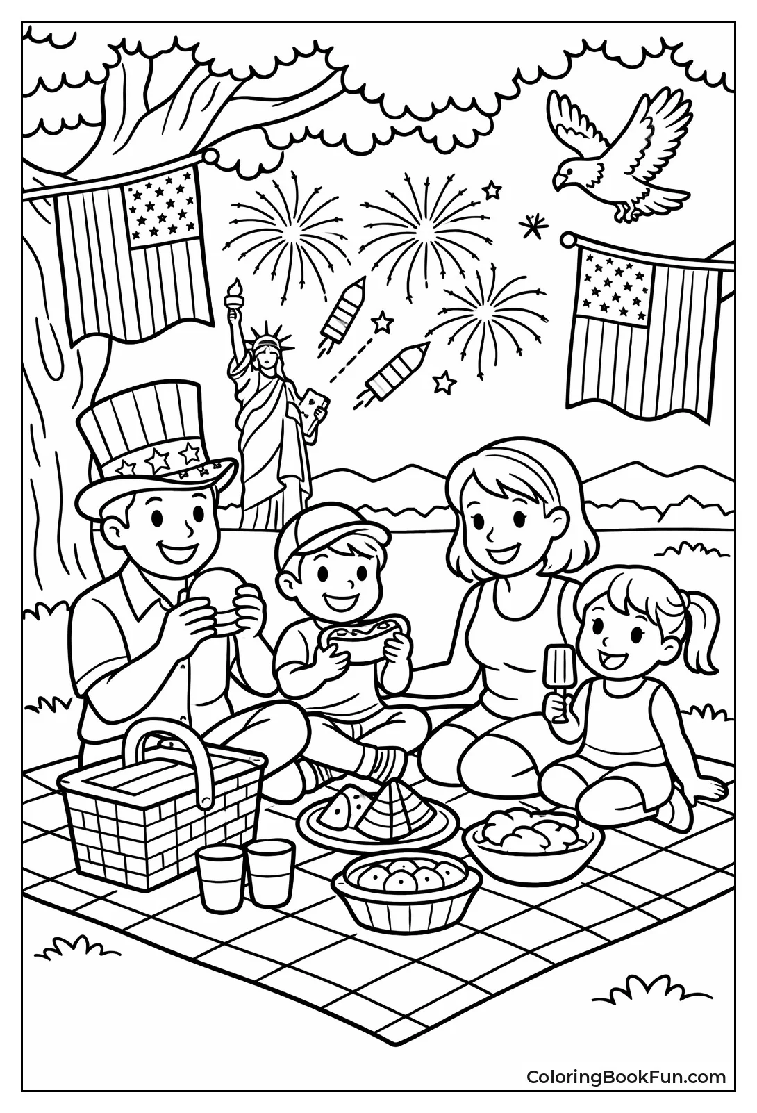 Family Picnicking on Checkered Blanket