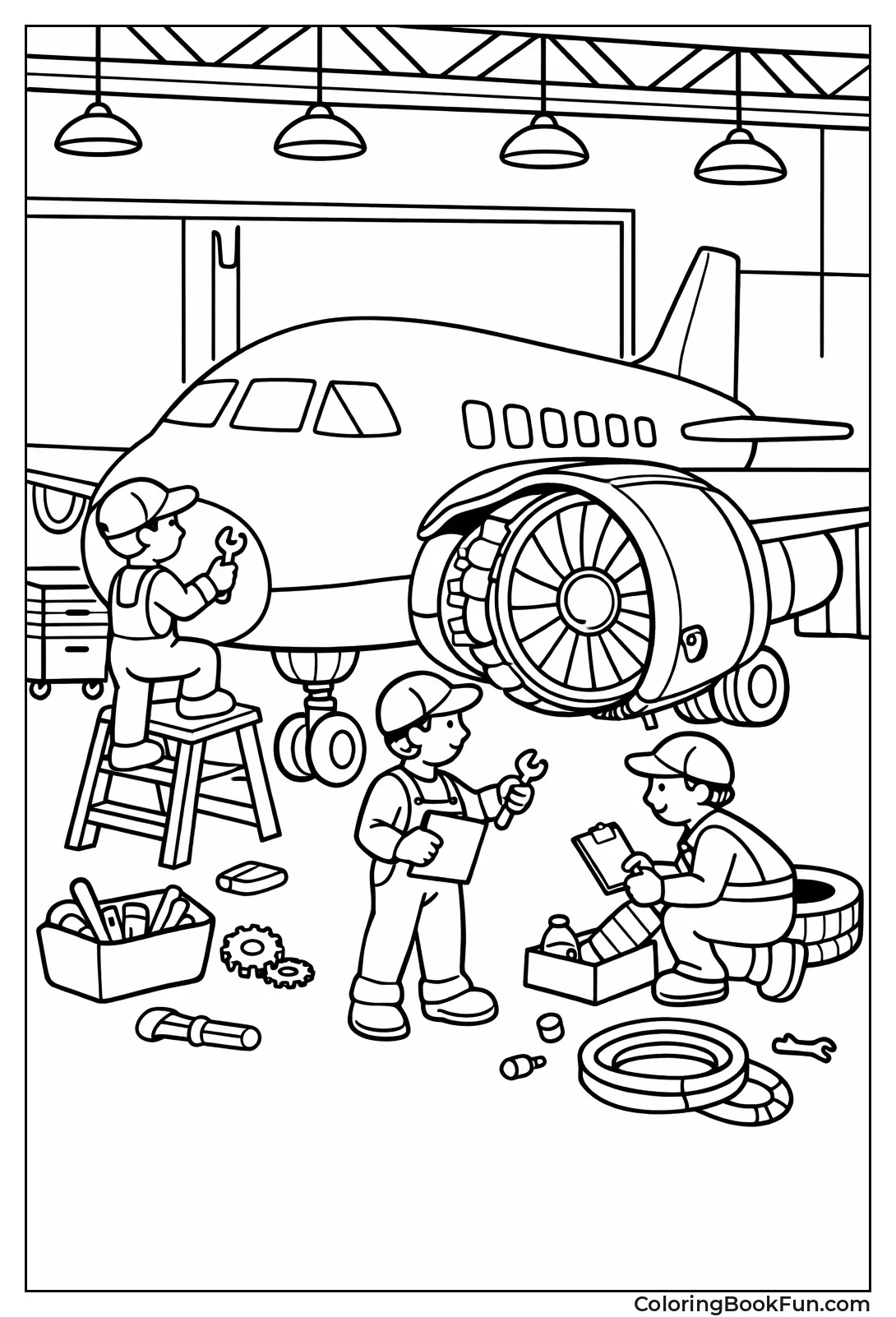 Mechanics Repair Plane in Hangar