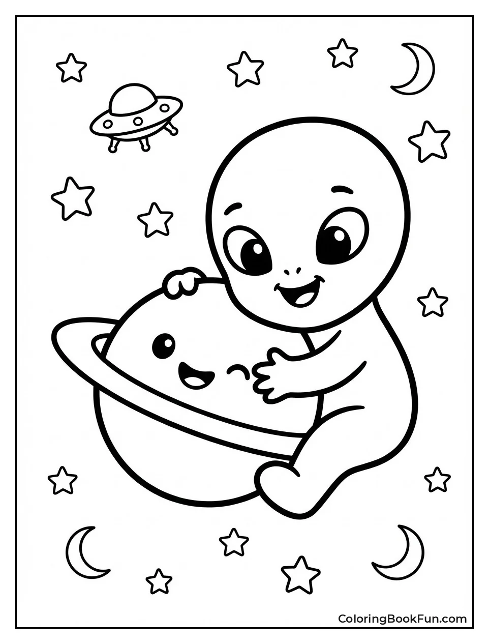 Chibi Alien Hugs Smiling Planet