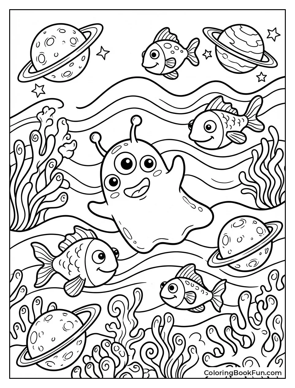 Alien Swims with Space Fish