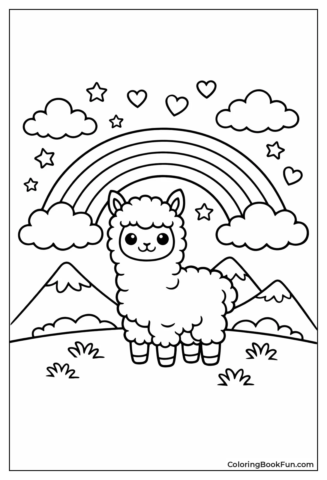 Alpaca Stands under Rainbow