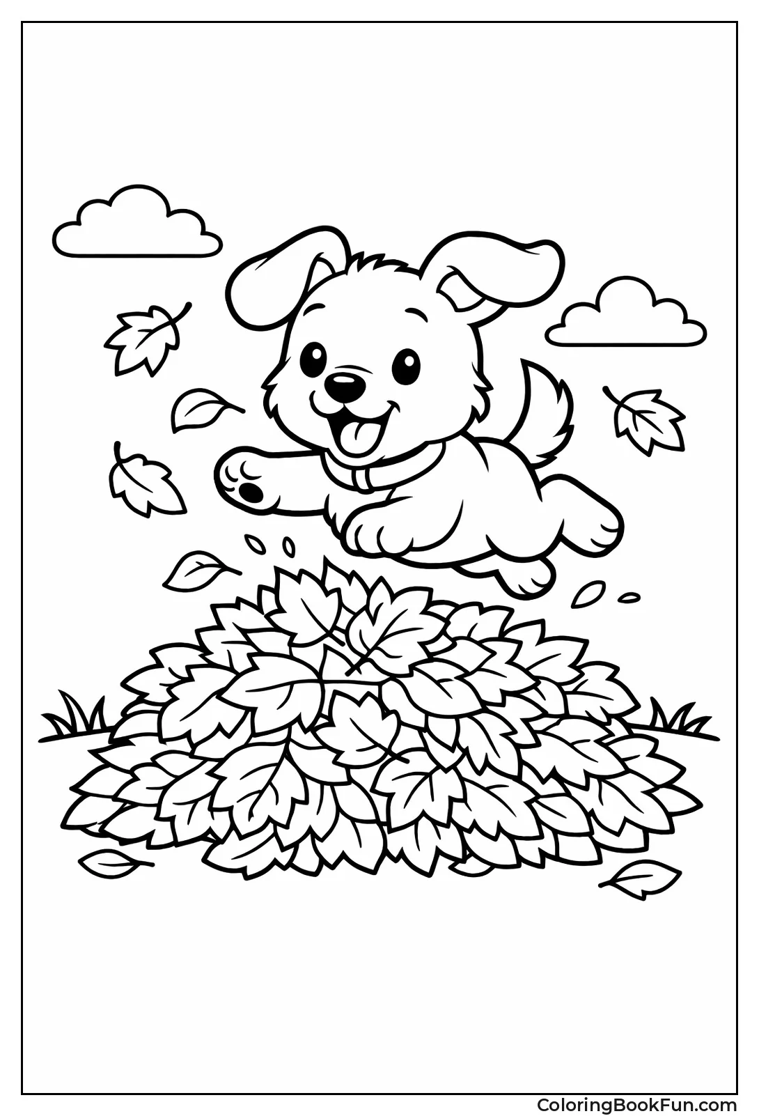Puppy Leaping into Leaf Pile