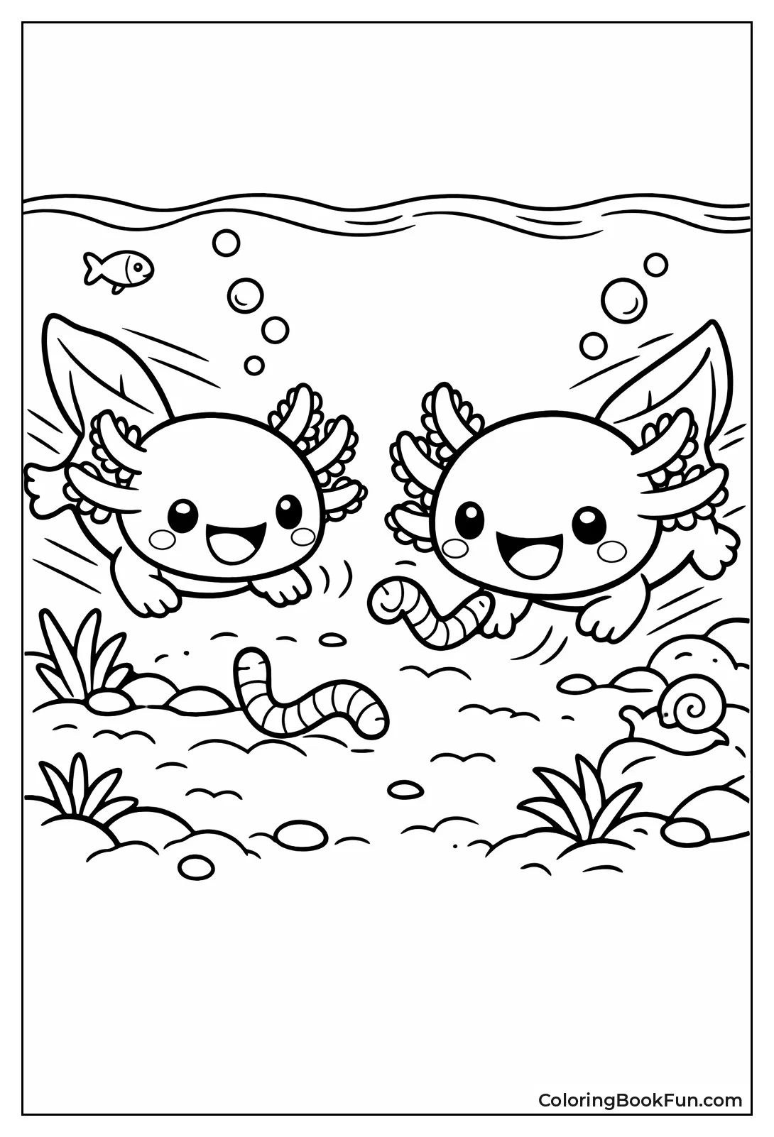 Axolotls Chase Worms Together
