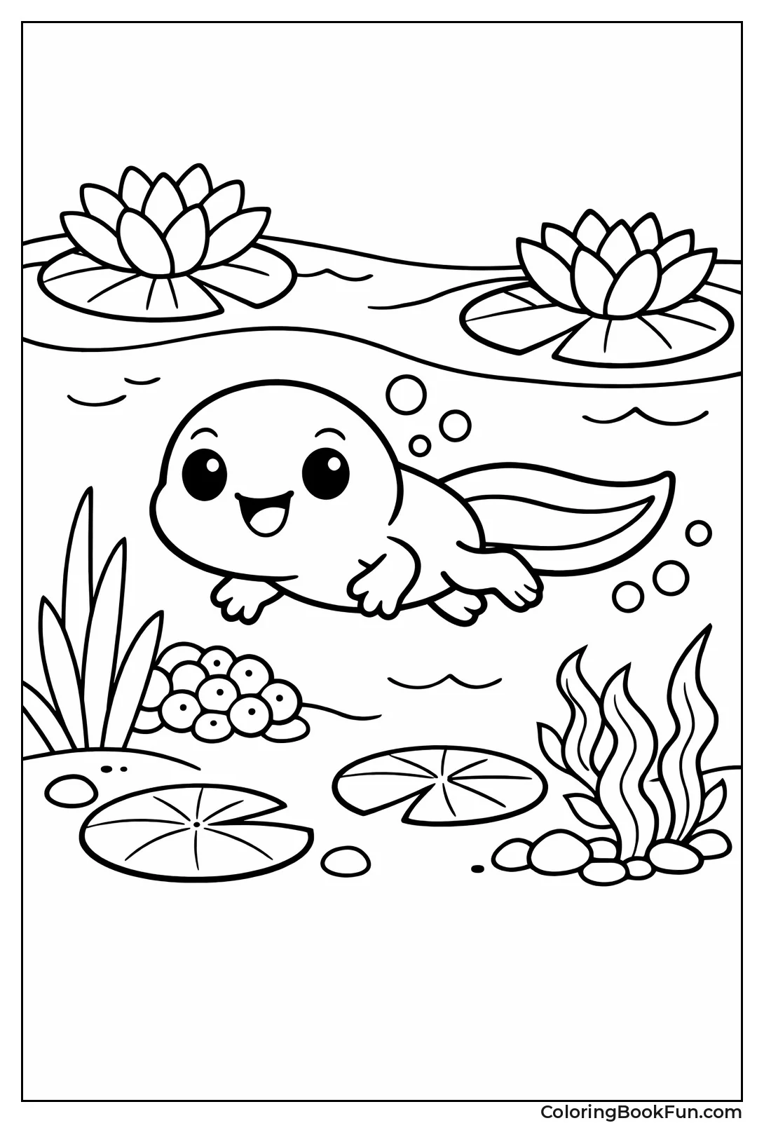 Baby Frog Swims with Lilies