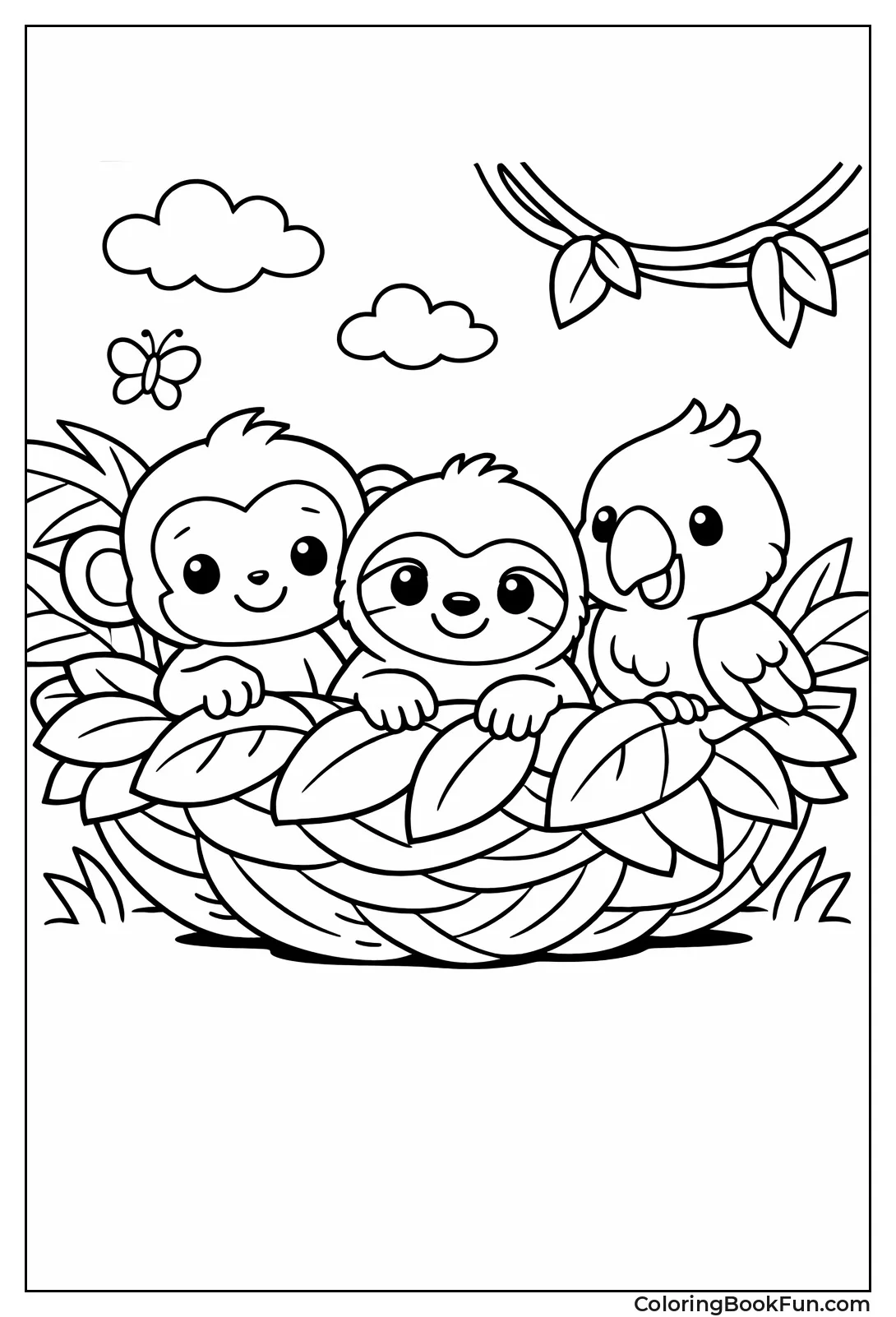 Baby Animals in Leafy Nest