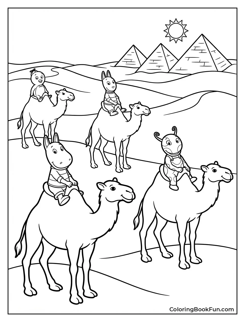 Friends Ride Camels in Desert