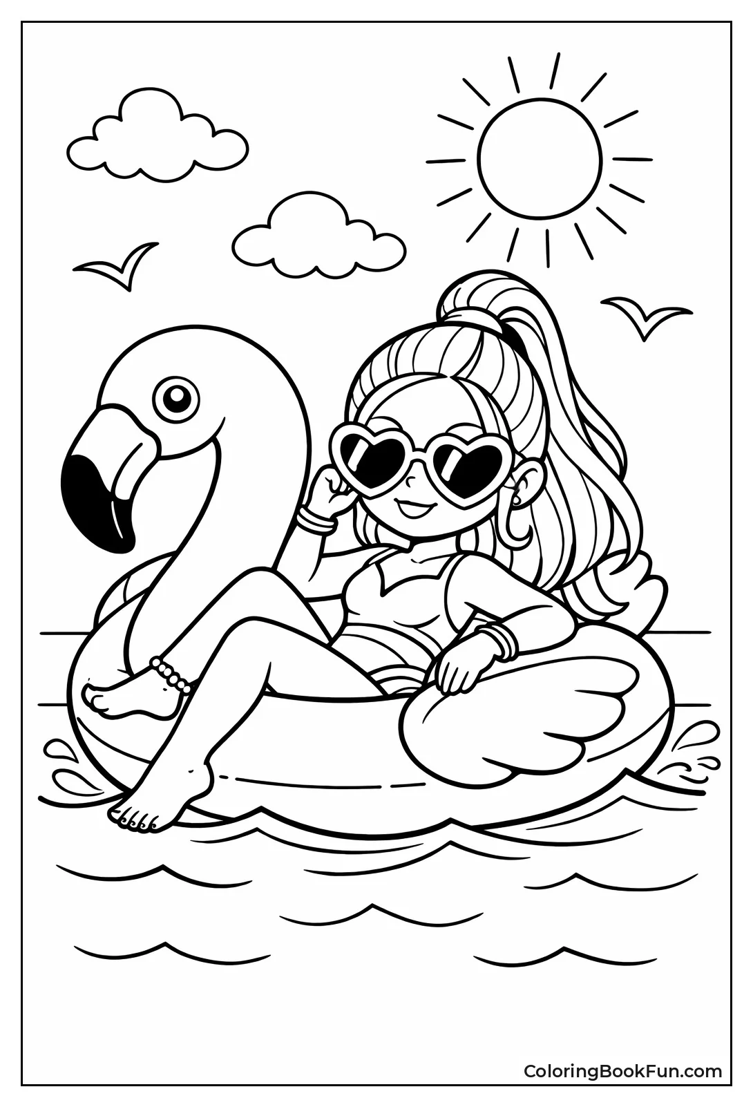 Girl Floats on Pool Flamingo