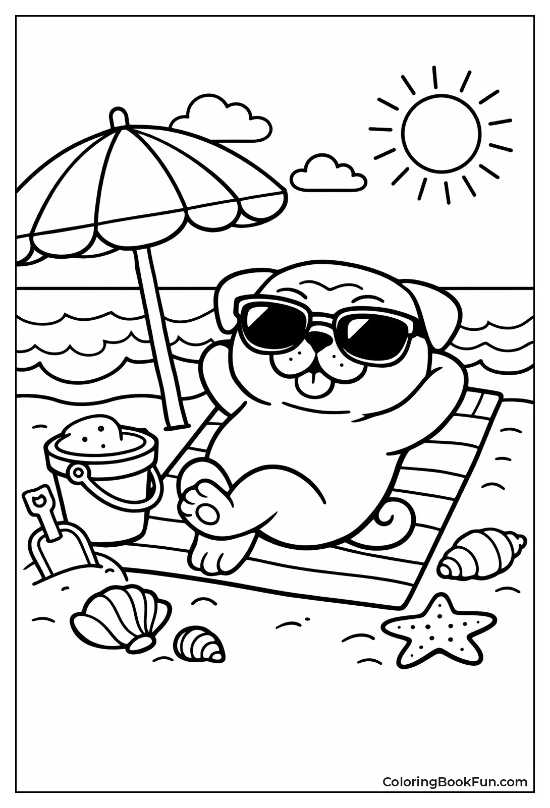 Pug Lounging on Beach