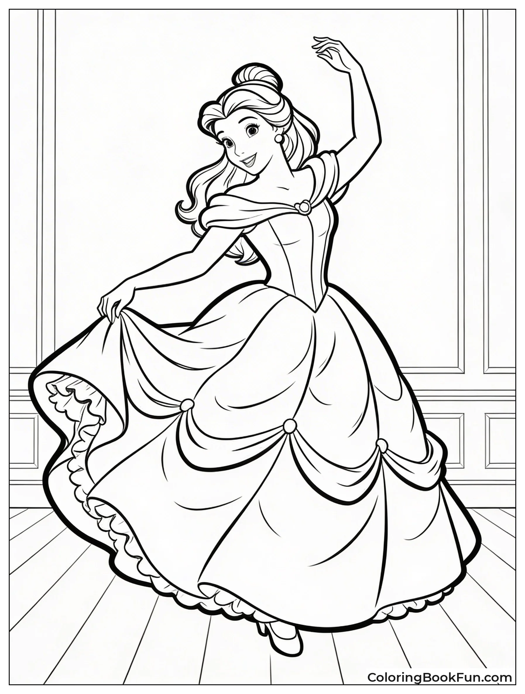 Belle Twirls Golden Ballgown Happily