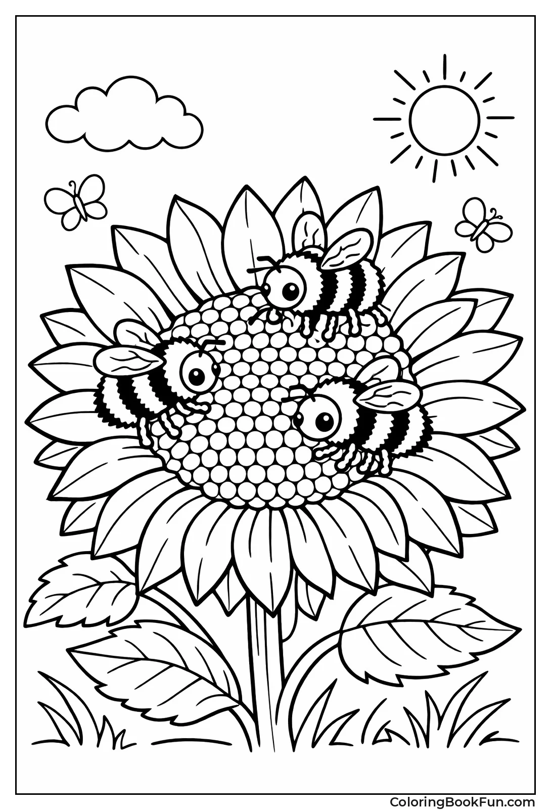 Bees Pollinating Big Sunflower