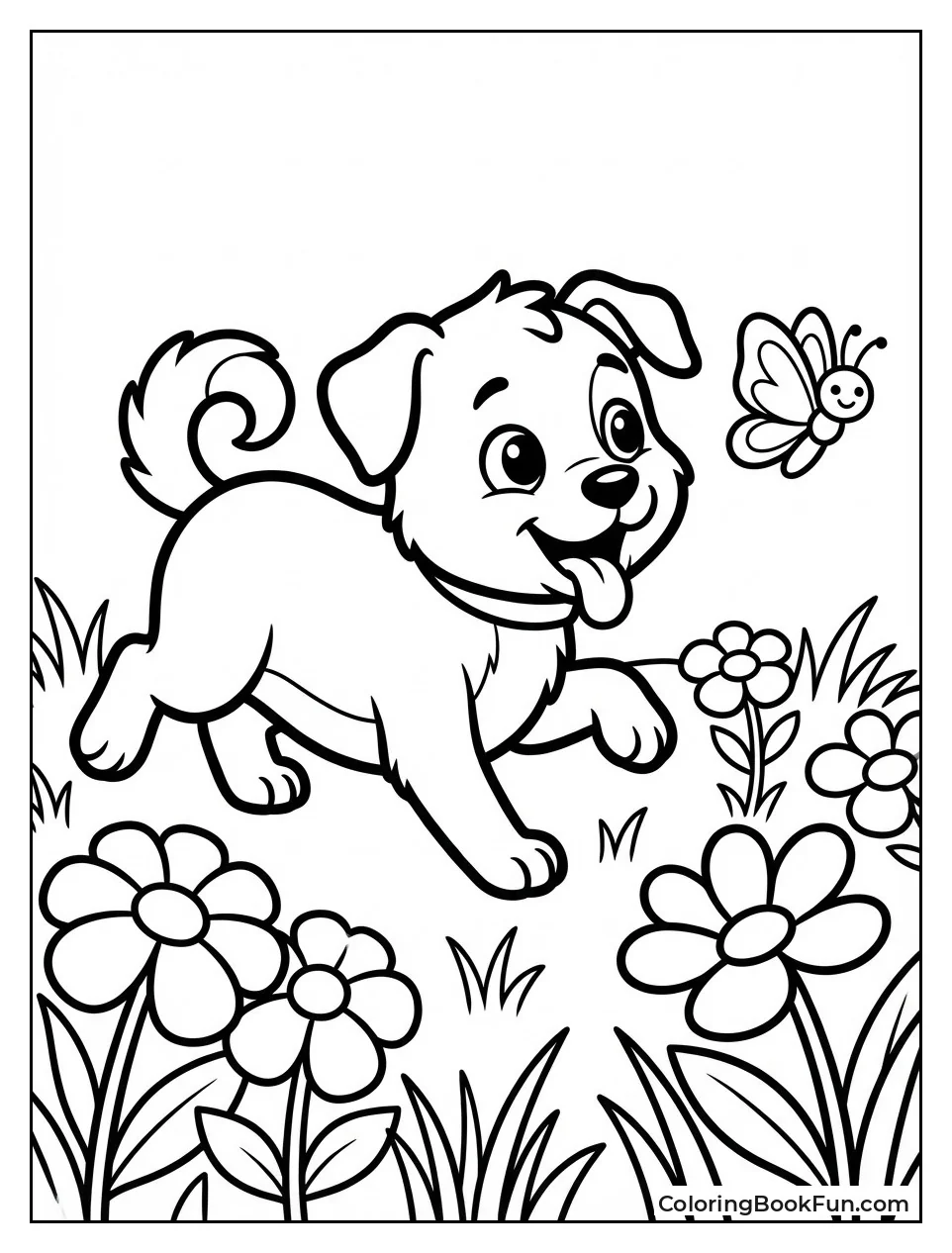 Pudgy Chases Butterfly in Flowers