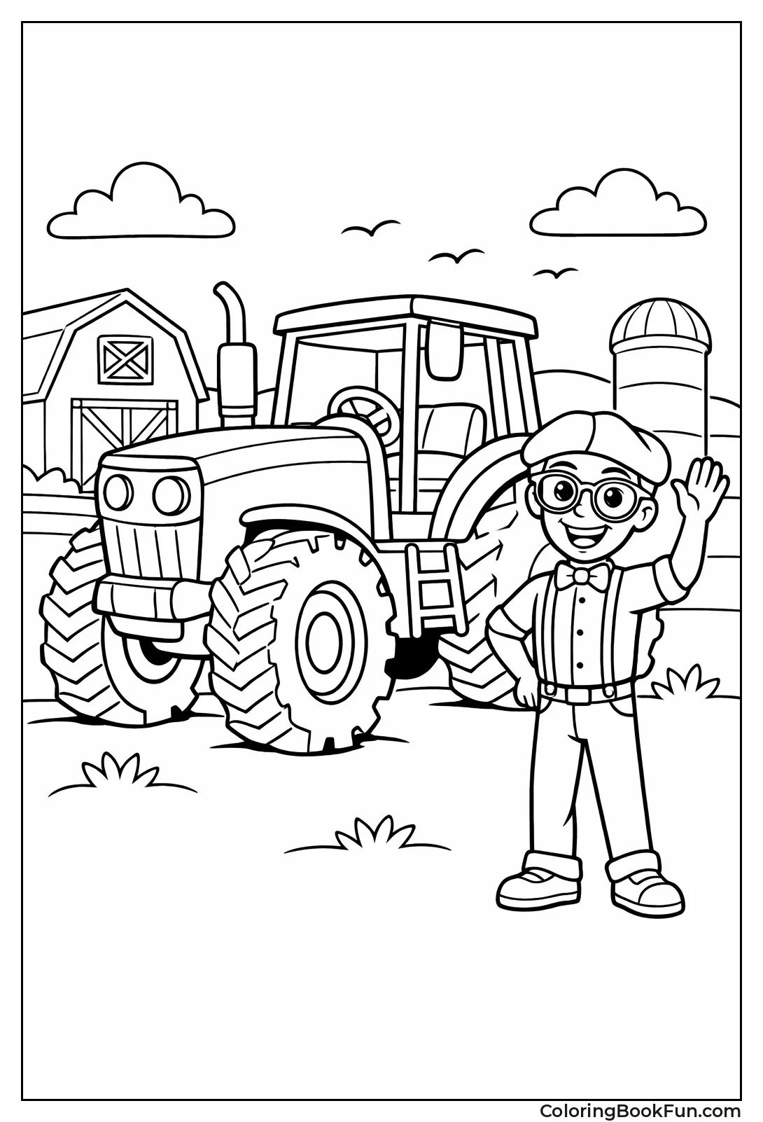 Blippi beside Red Tractor