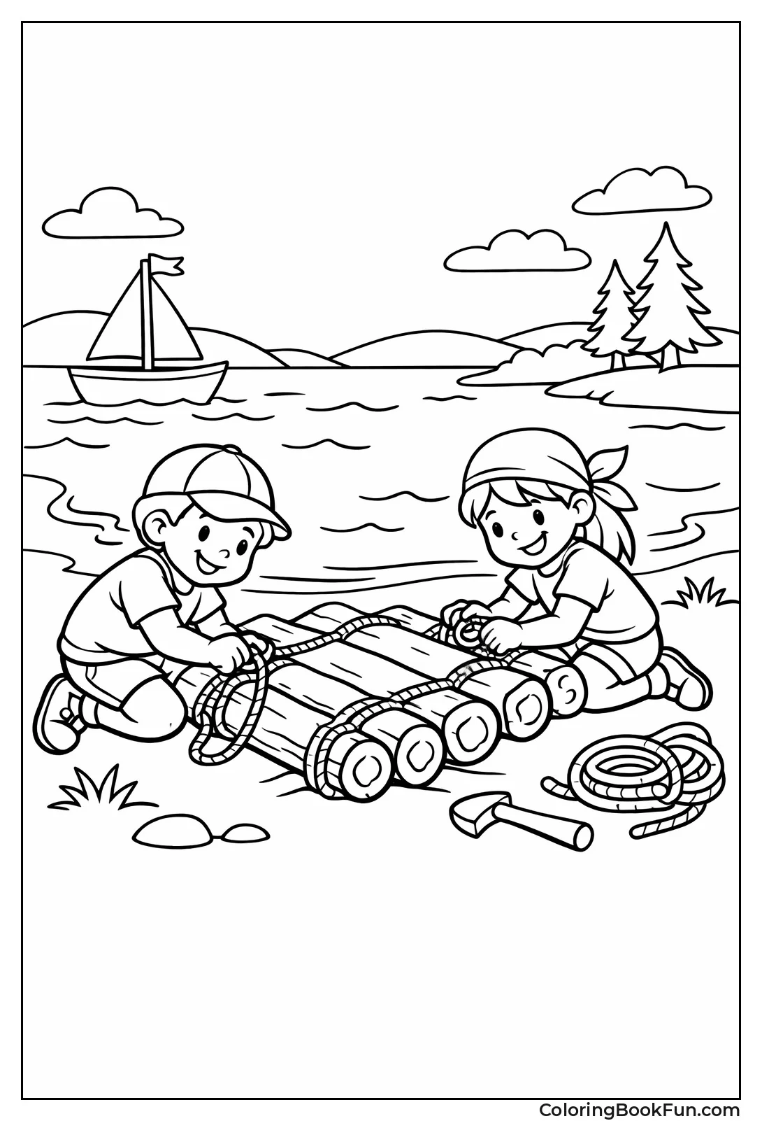 Kids Building Log Raft