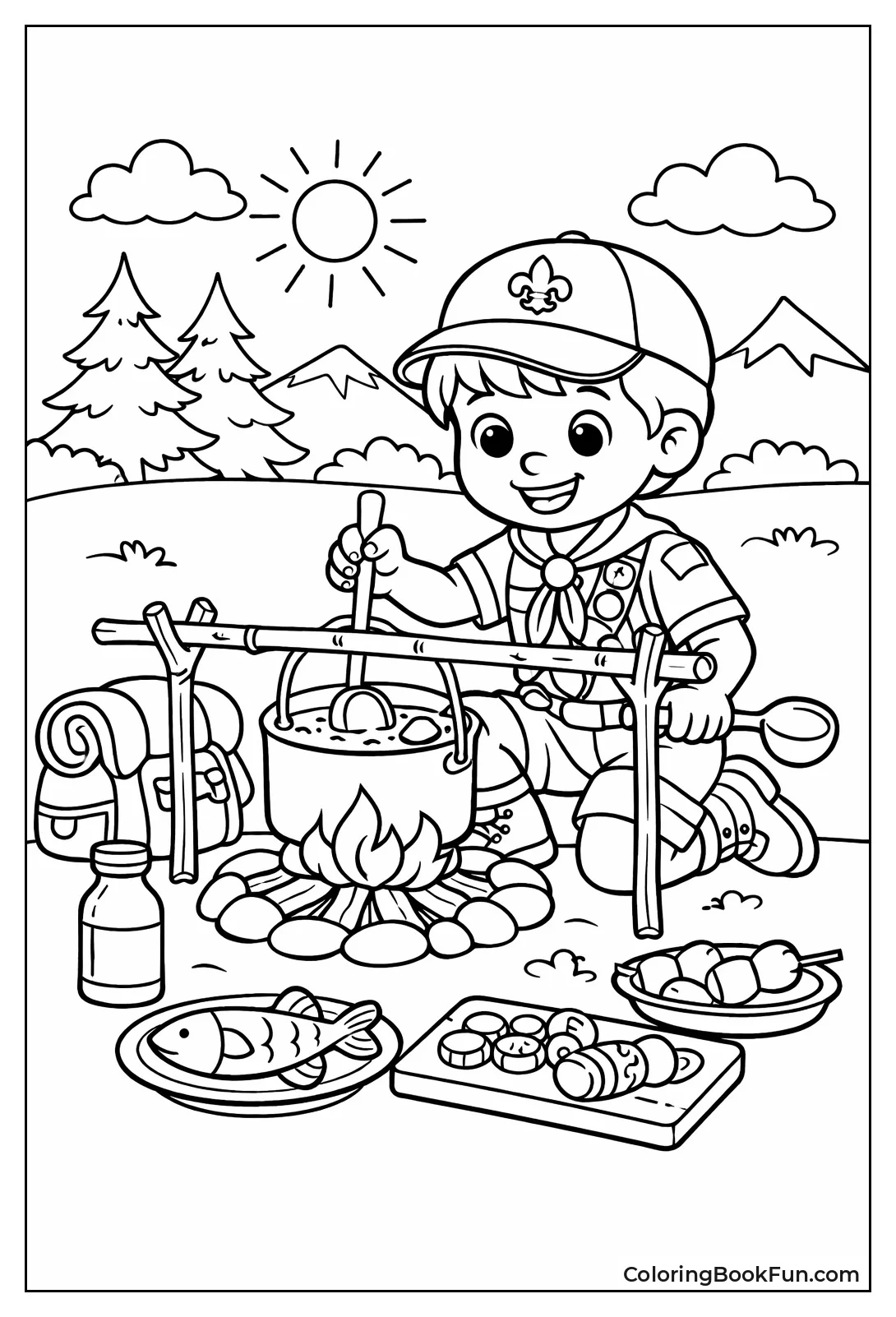 Scout Cooks over Campfire Pot