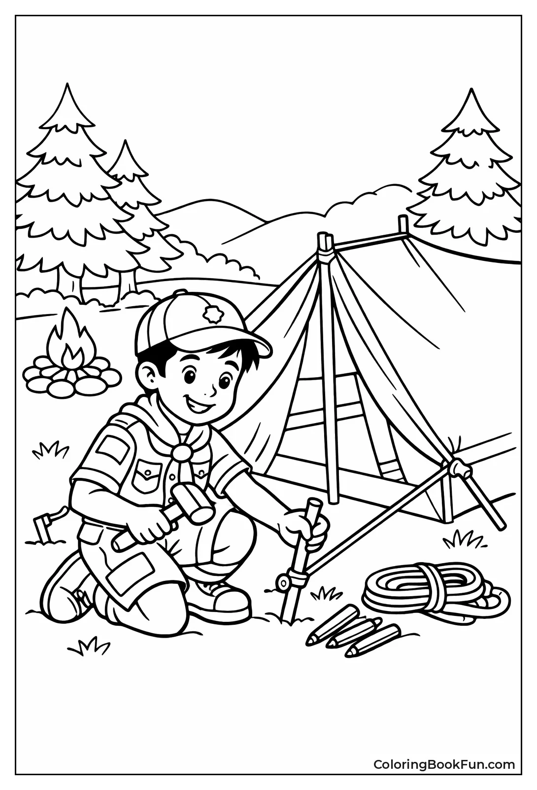 Scout Pitches Tent in Clearing