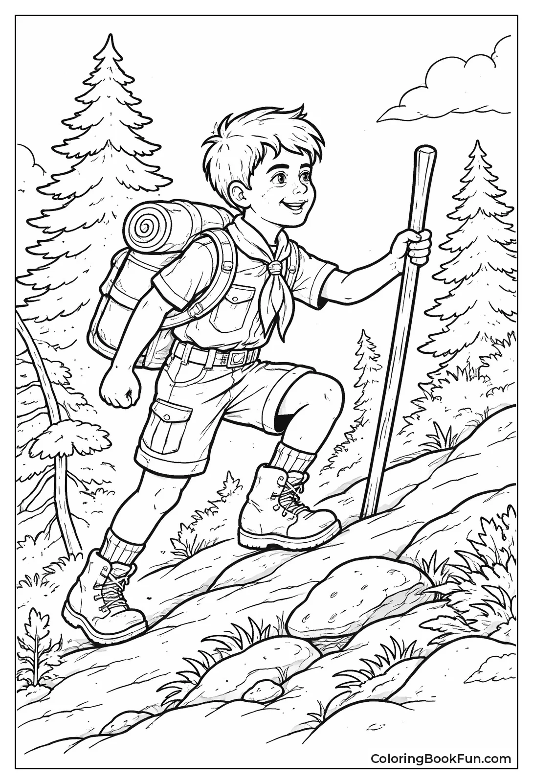 Hiker Climbs Uphill with Staff