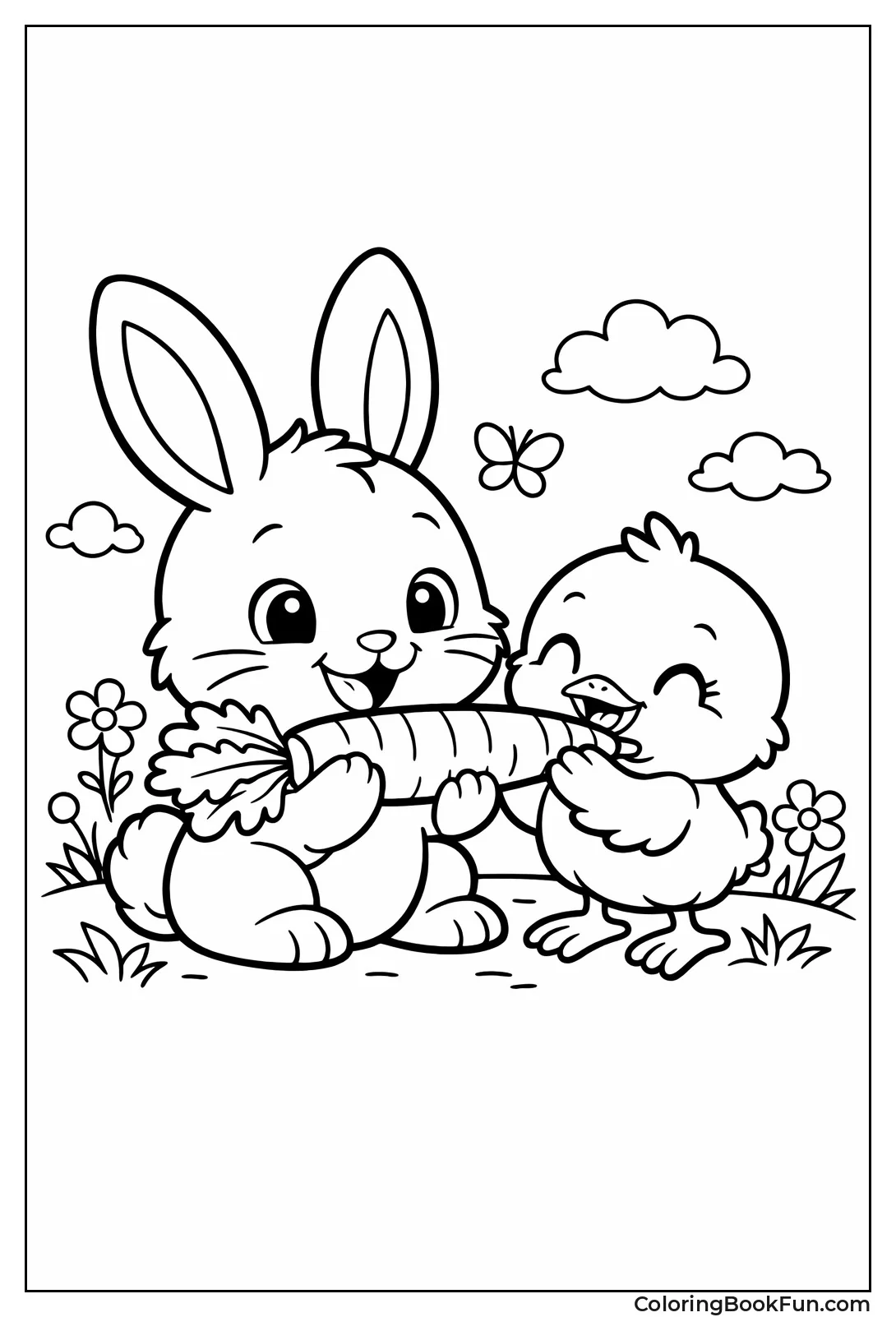 Bunny Sharing Carrot with Chick