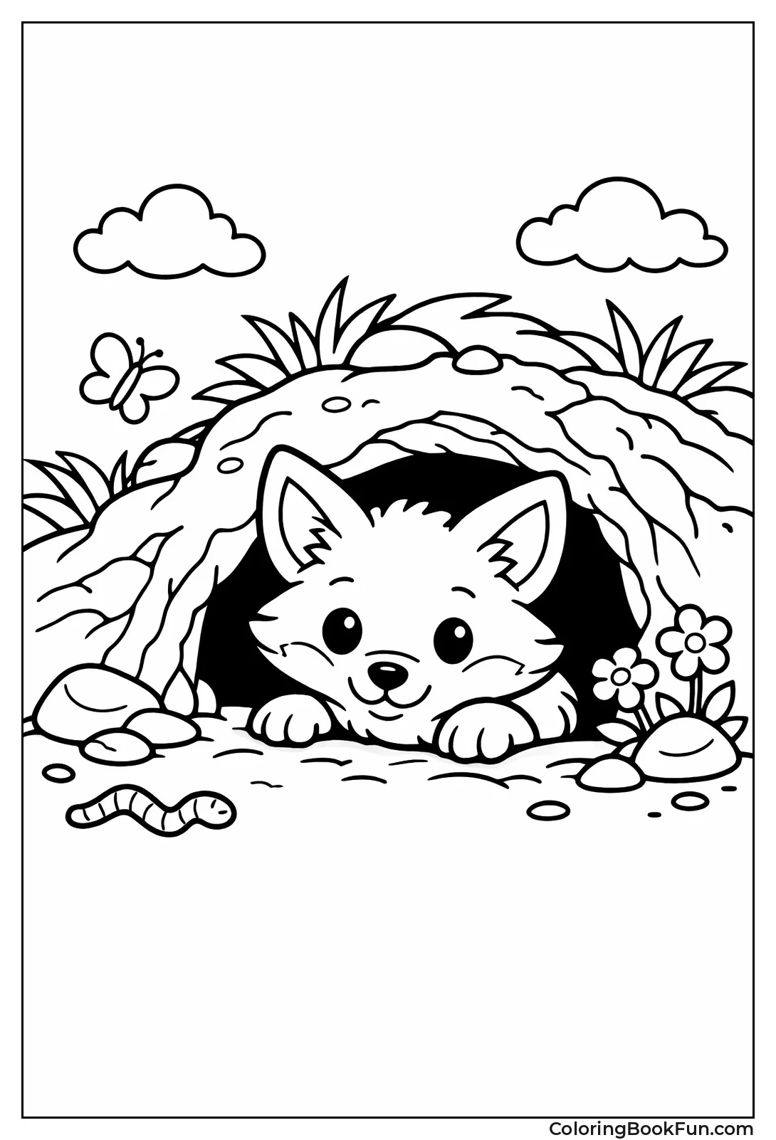 Fox Kit Peeking Burrow