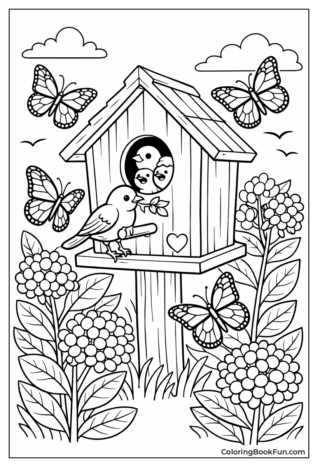 Butterfly Garden Surrounds Birdhouse