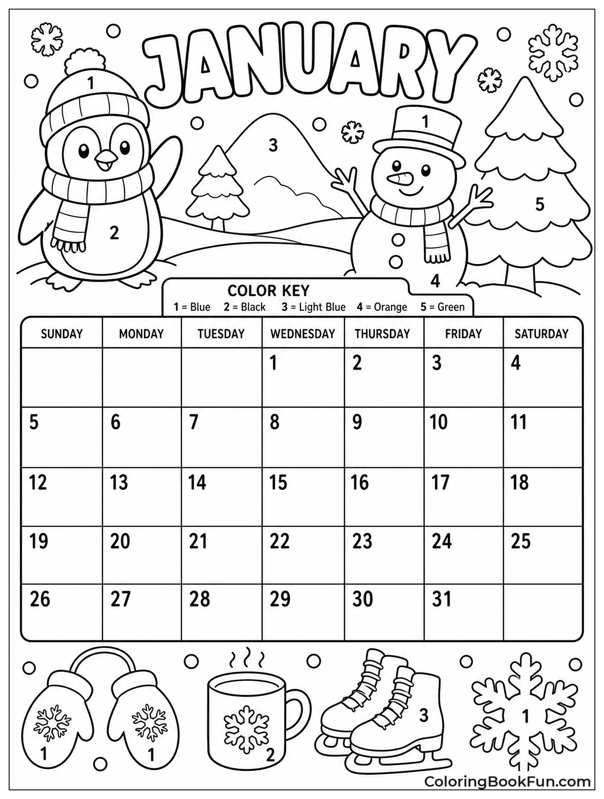 Color-by-Number Winter January Grid