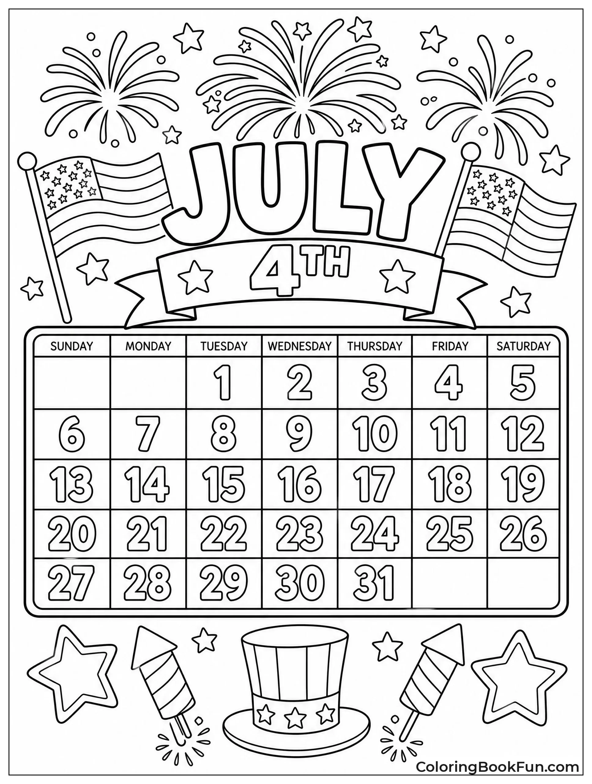 July Fireworks and Waving Flags