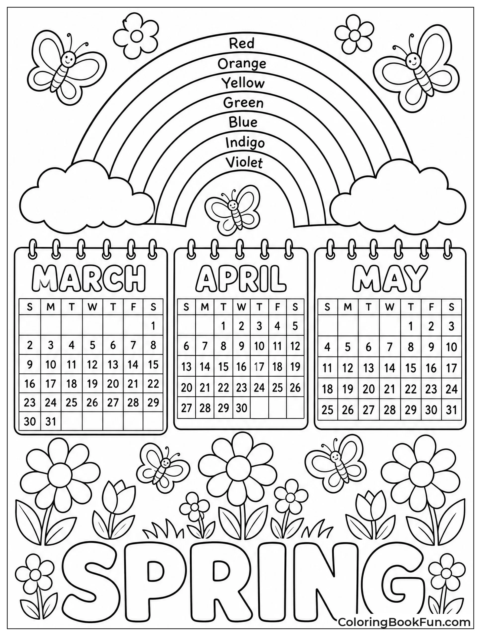 Side-by-Side Spring Month Calendars