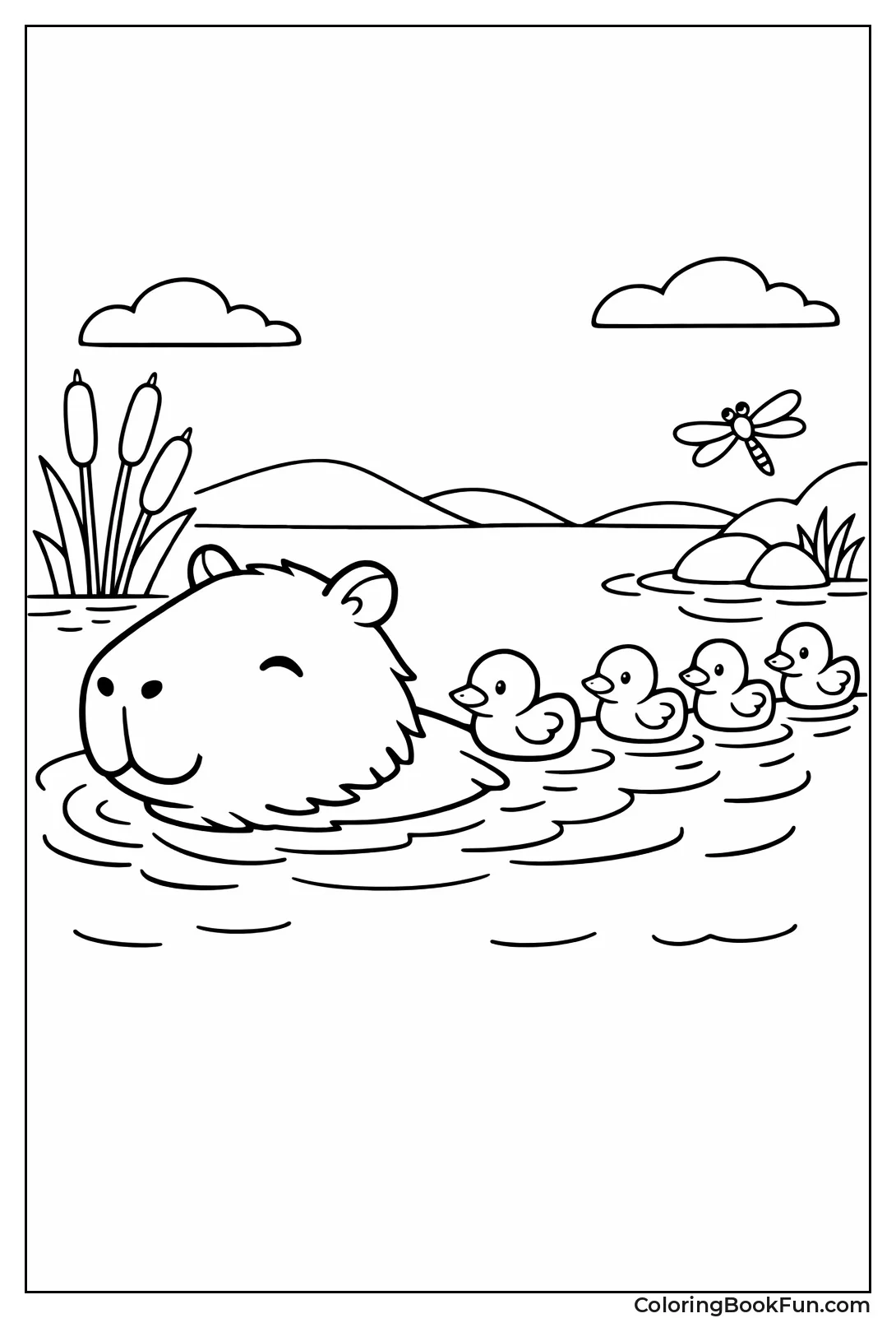 Capybara with Ducklings Swimming