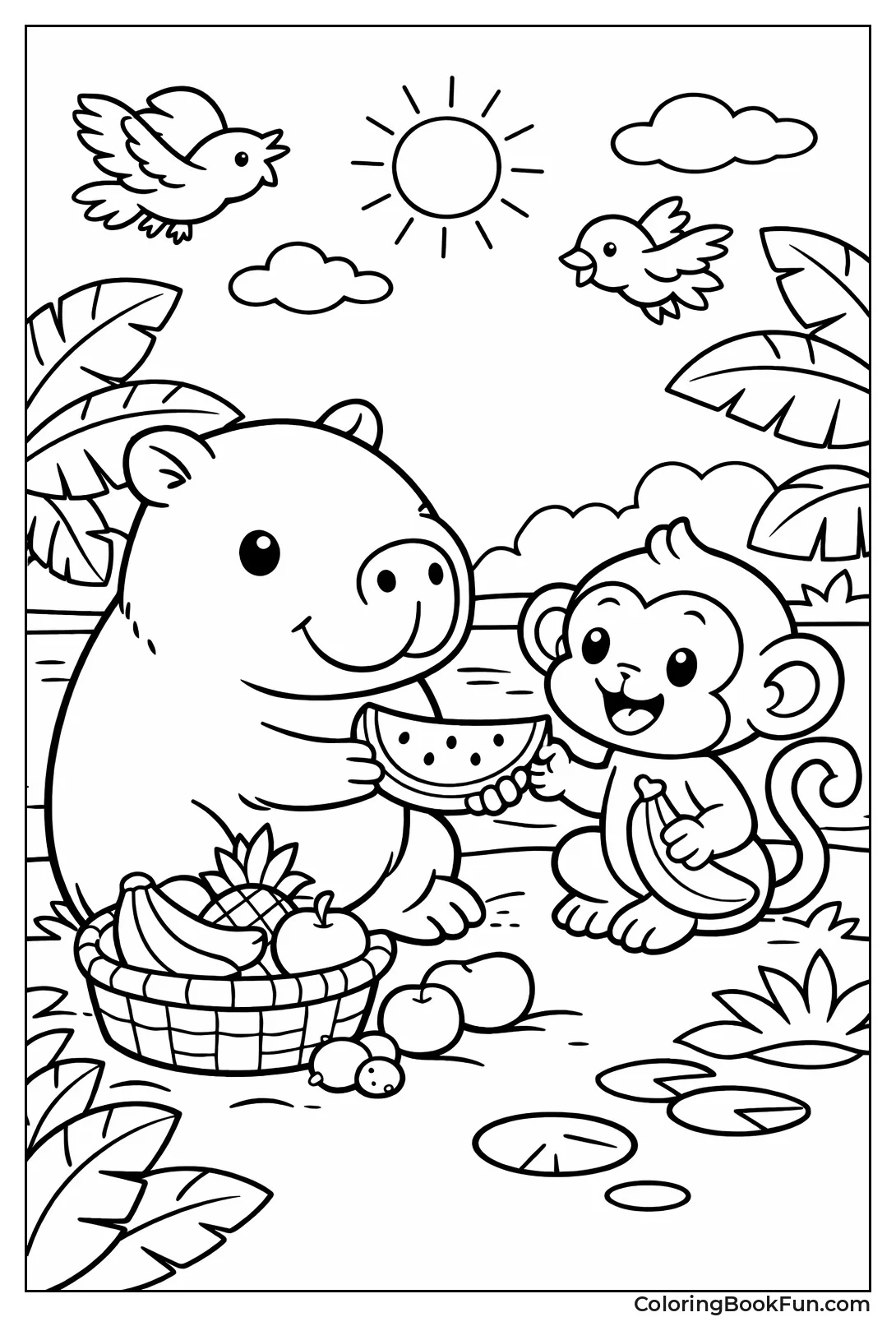 Capybara Sharing Fruit with Monkey