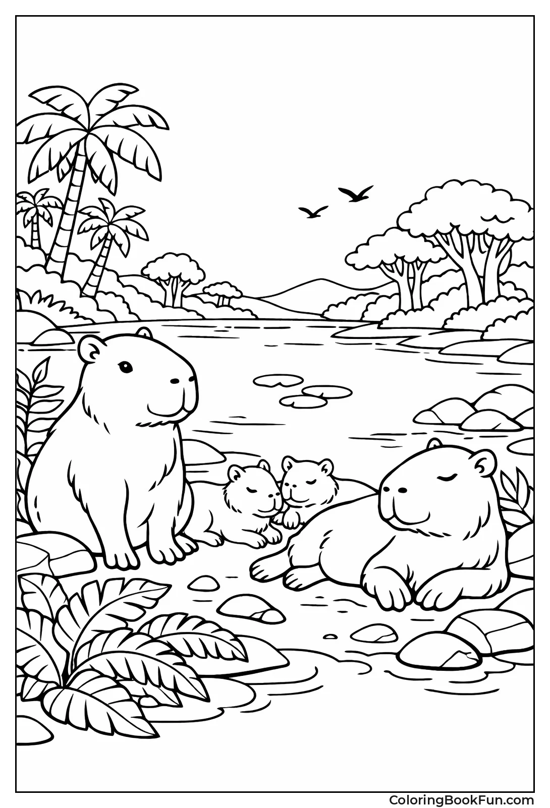 Capybaras Lounging by River