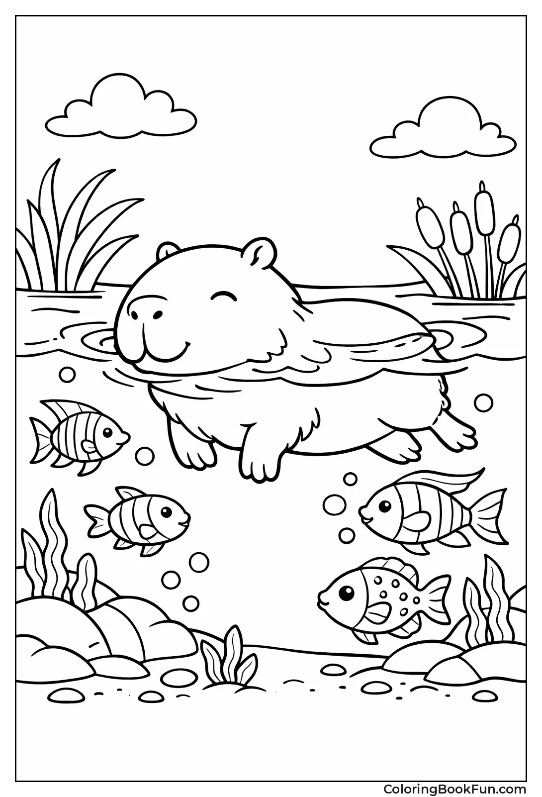 Capybara Swimming with Fish