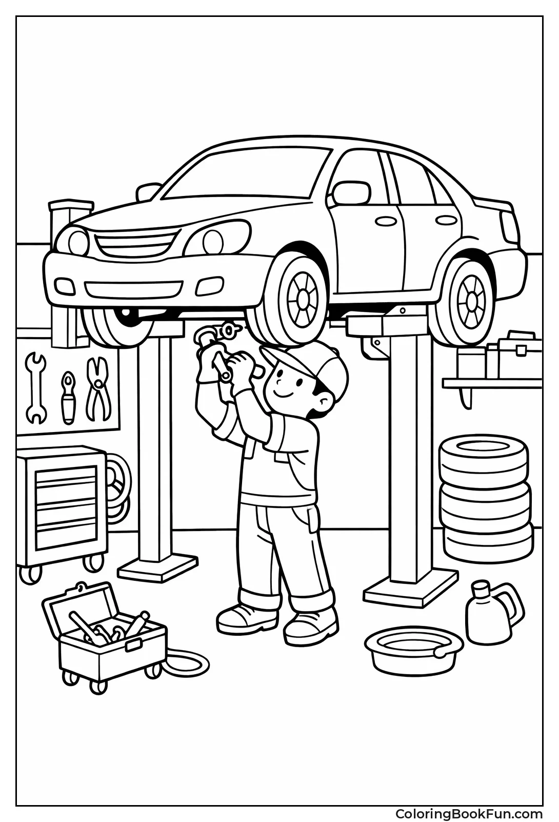 Mechanic under Lifted Car