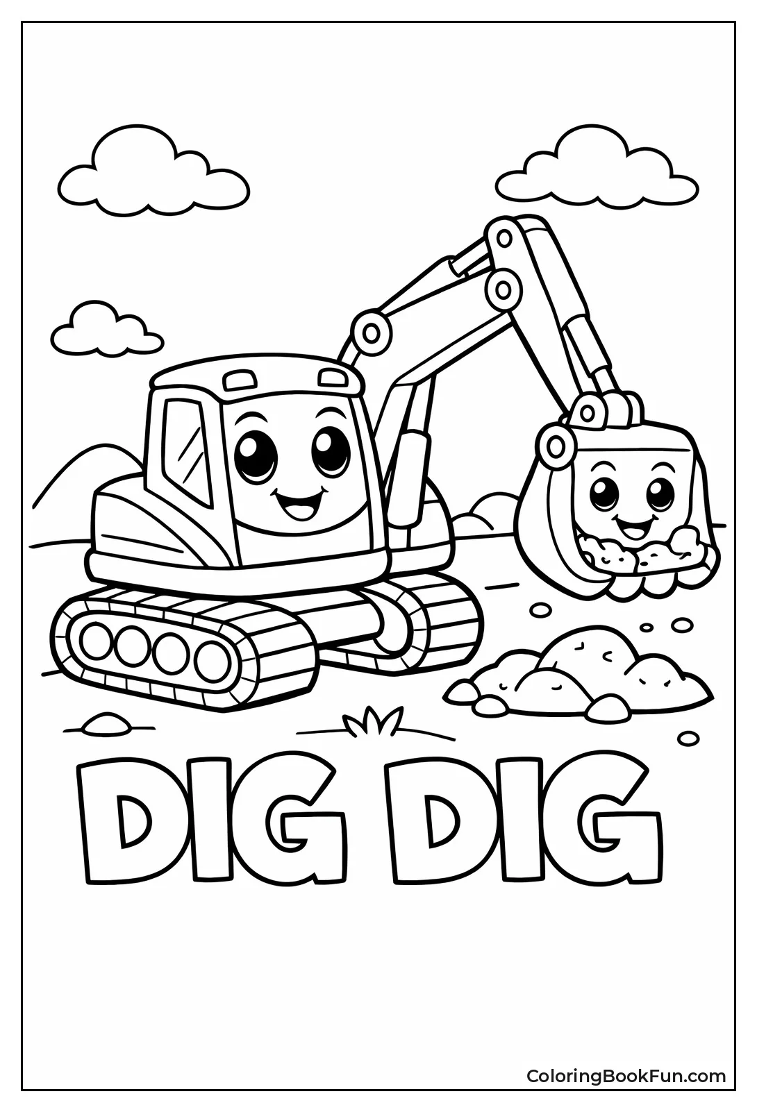 Cartoon Excavator Smiling with Big Eyes