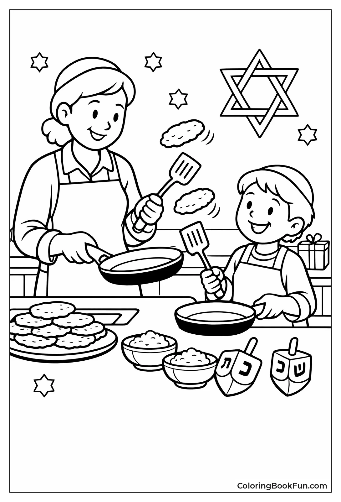 Family Frying Latkes in Kitchen