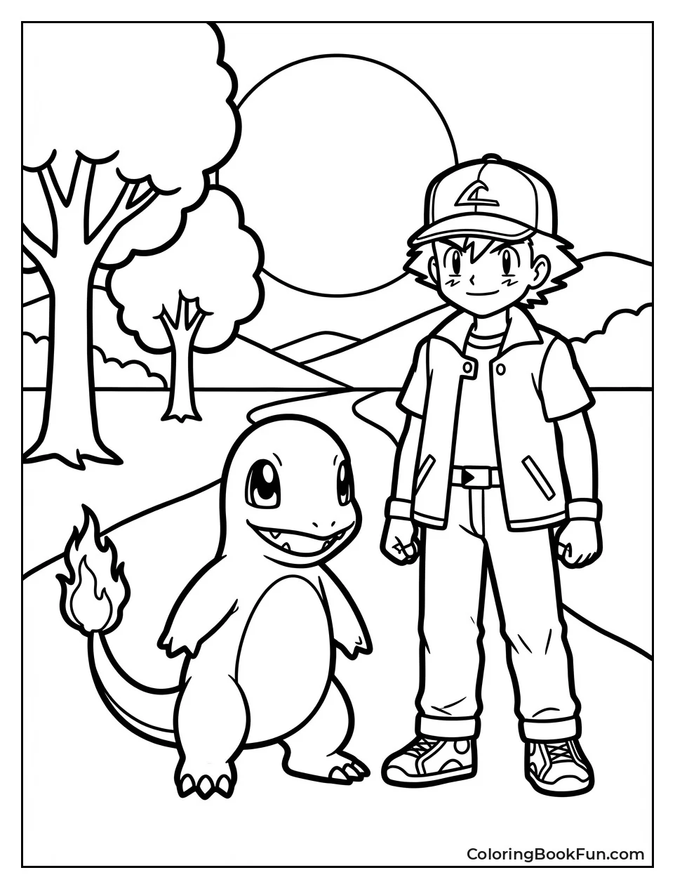 Charmander beside Ash Ketchum