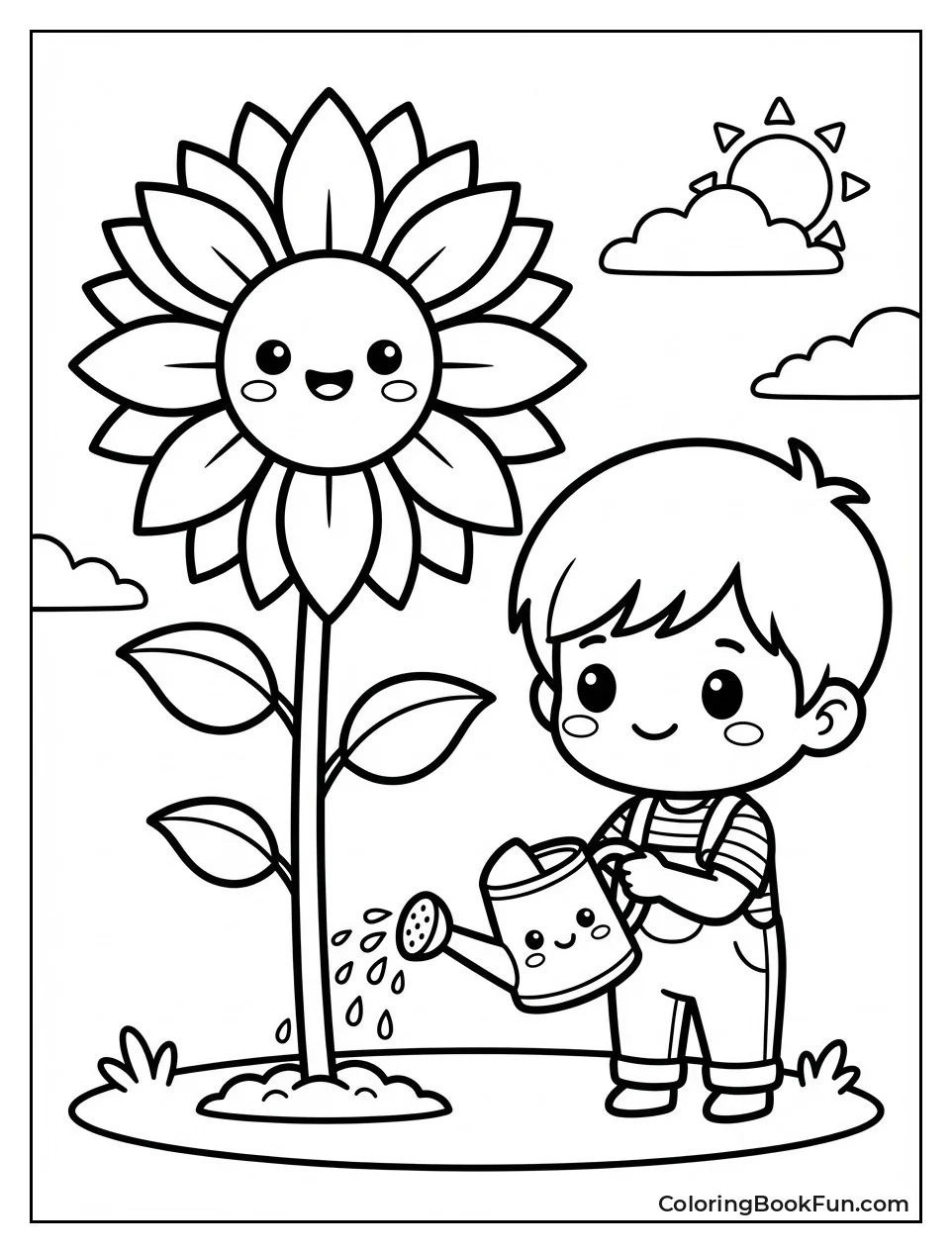 Boy Watering Giant Sunflower