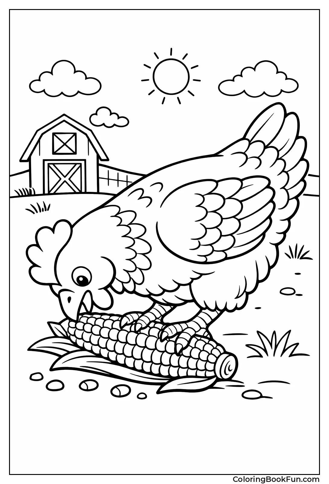 Hen Eats Corn Cob