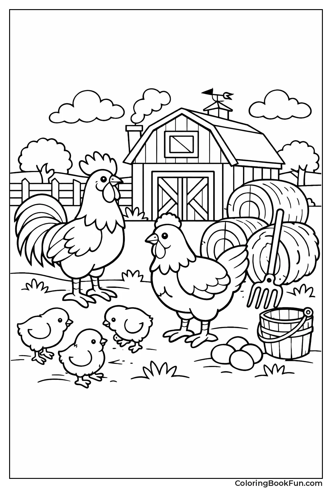 Chickens in Farmyard Scene