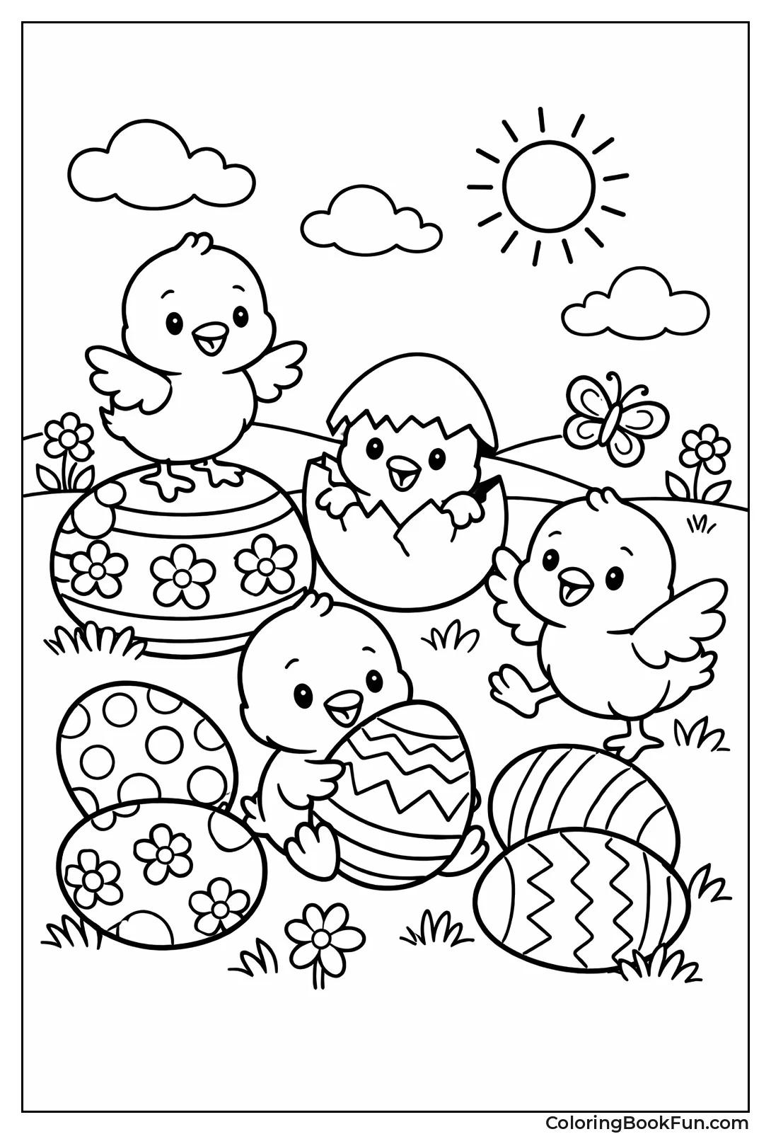 Chicks Playing with Easter Eggs