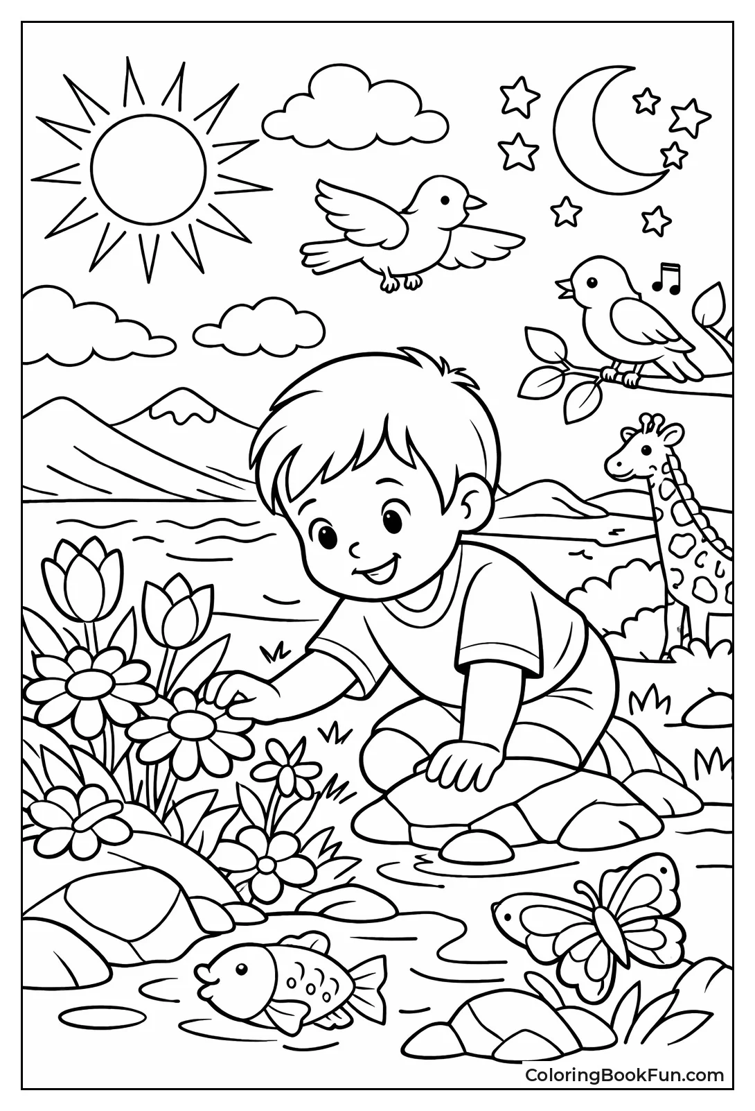 Child Marvels at Flowers