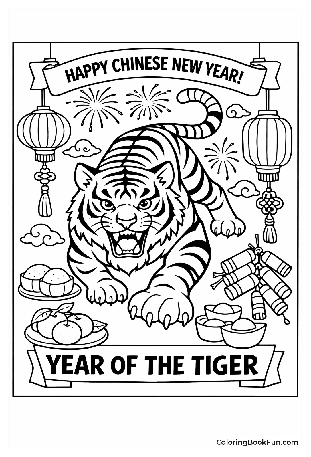 Tiger Stands with New Year Lanterns