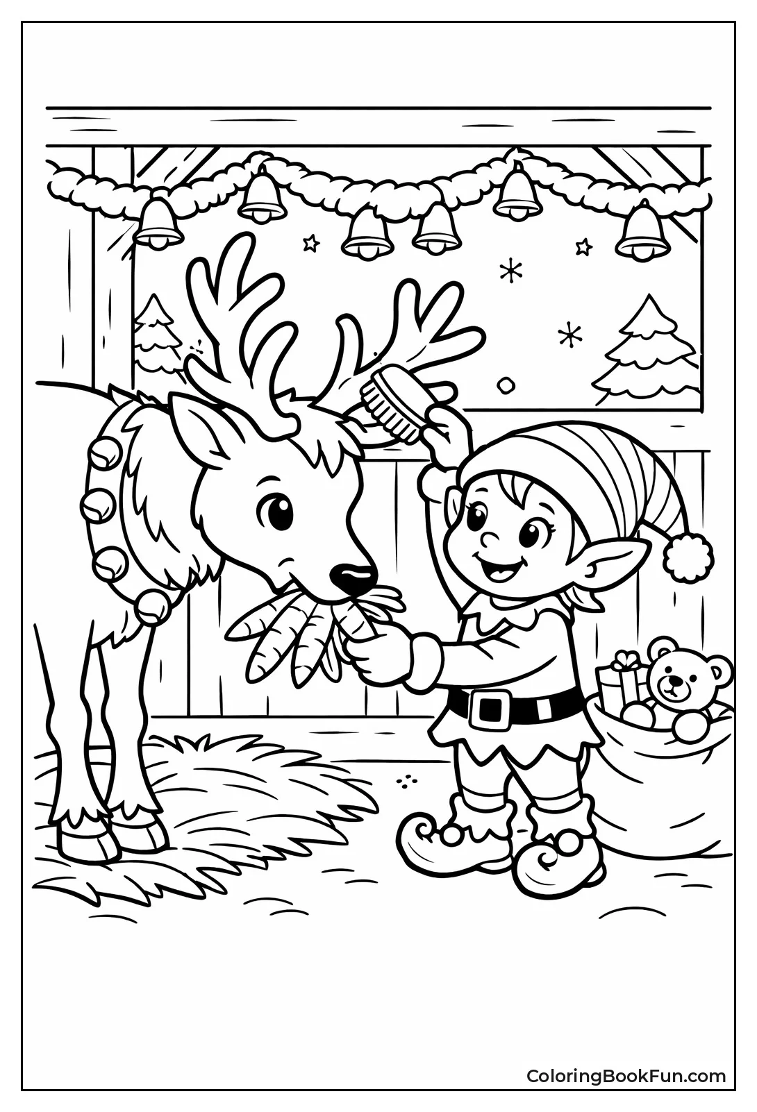 Elf Brushing Friendly Reindeer