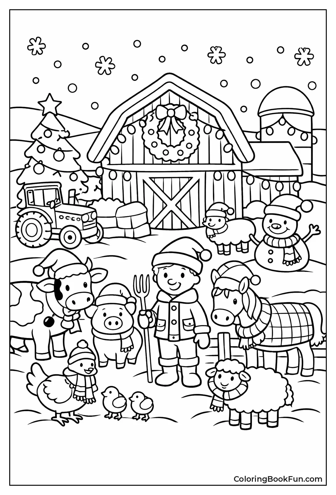 Snowy Farm with Holiday Lights