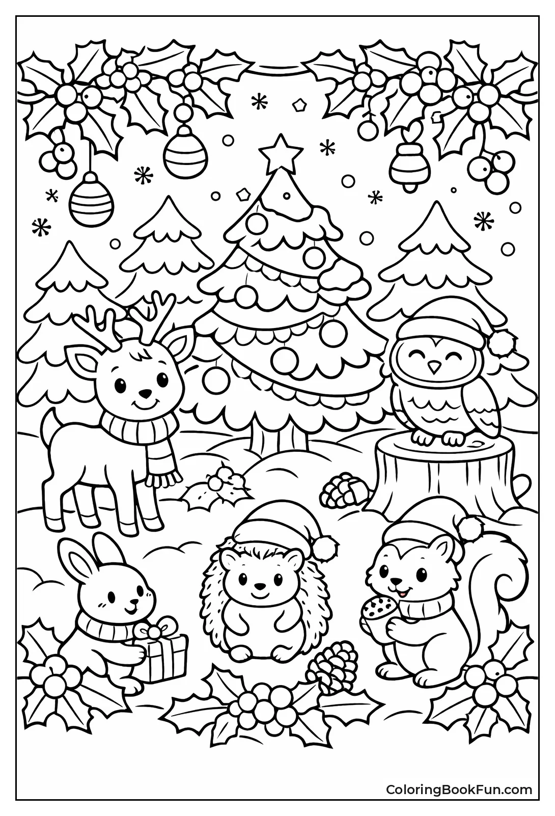 Snowy Pines with Red Berries