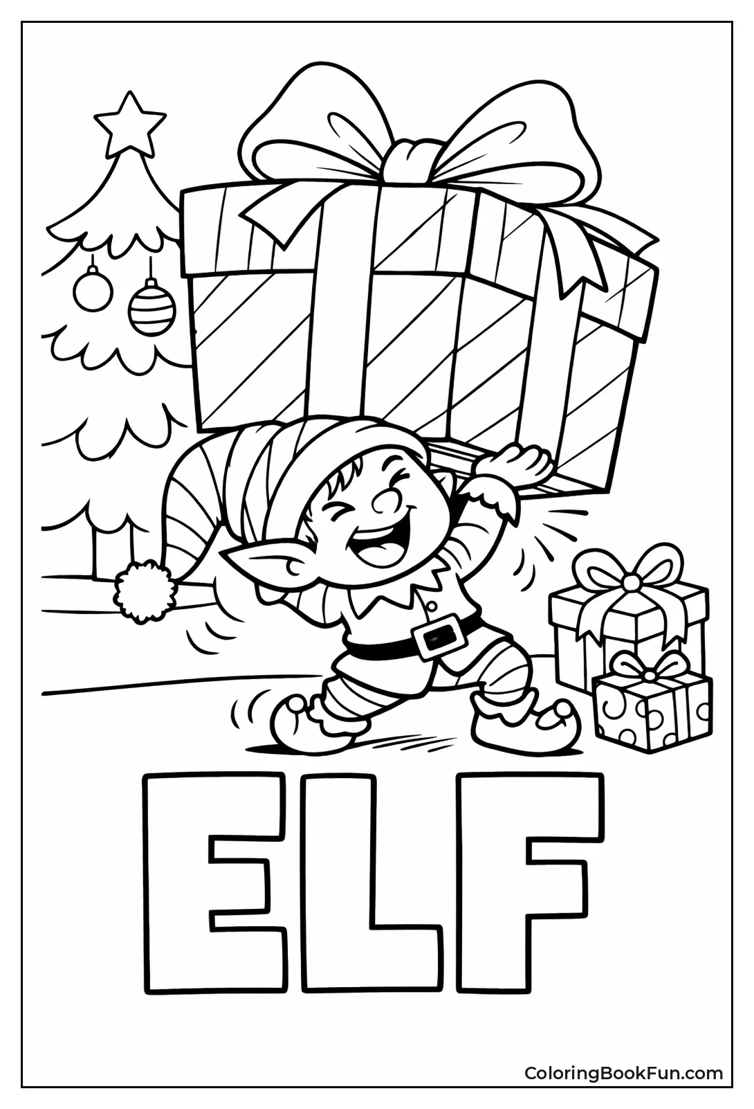 Elf Carries Giant Present